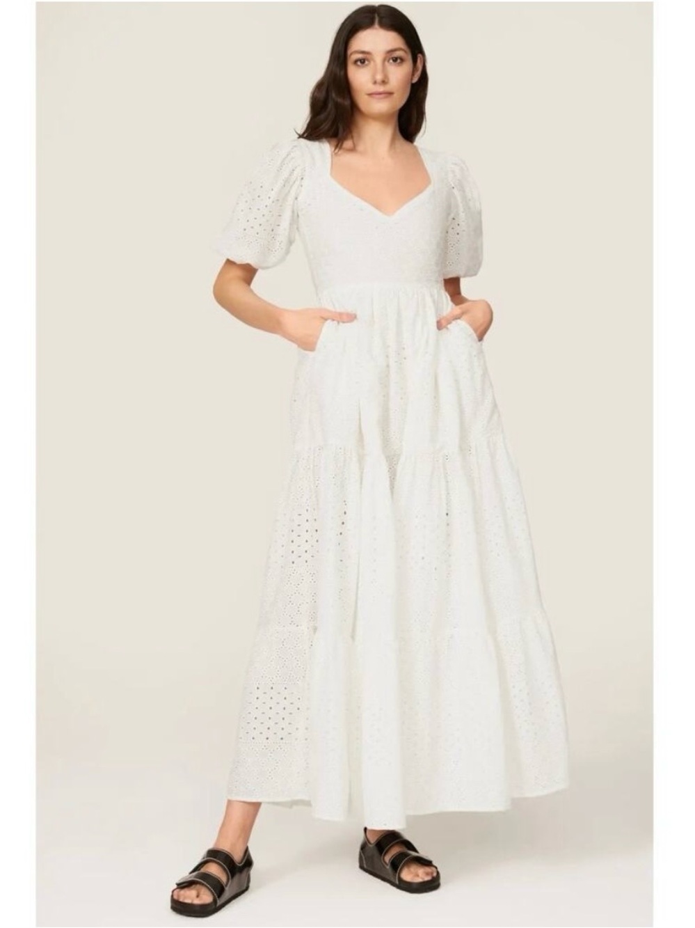 Mille Maja White Eyelet Tiered Maxi Dress with Puff Sleeves, Women's Small, $354 - Picture 5 of 12